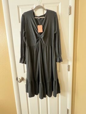 Women's Black Twist-Front Long Sleeve Midi Dress by Baoxu & Bae